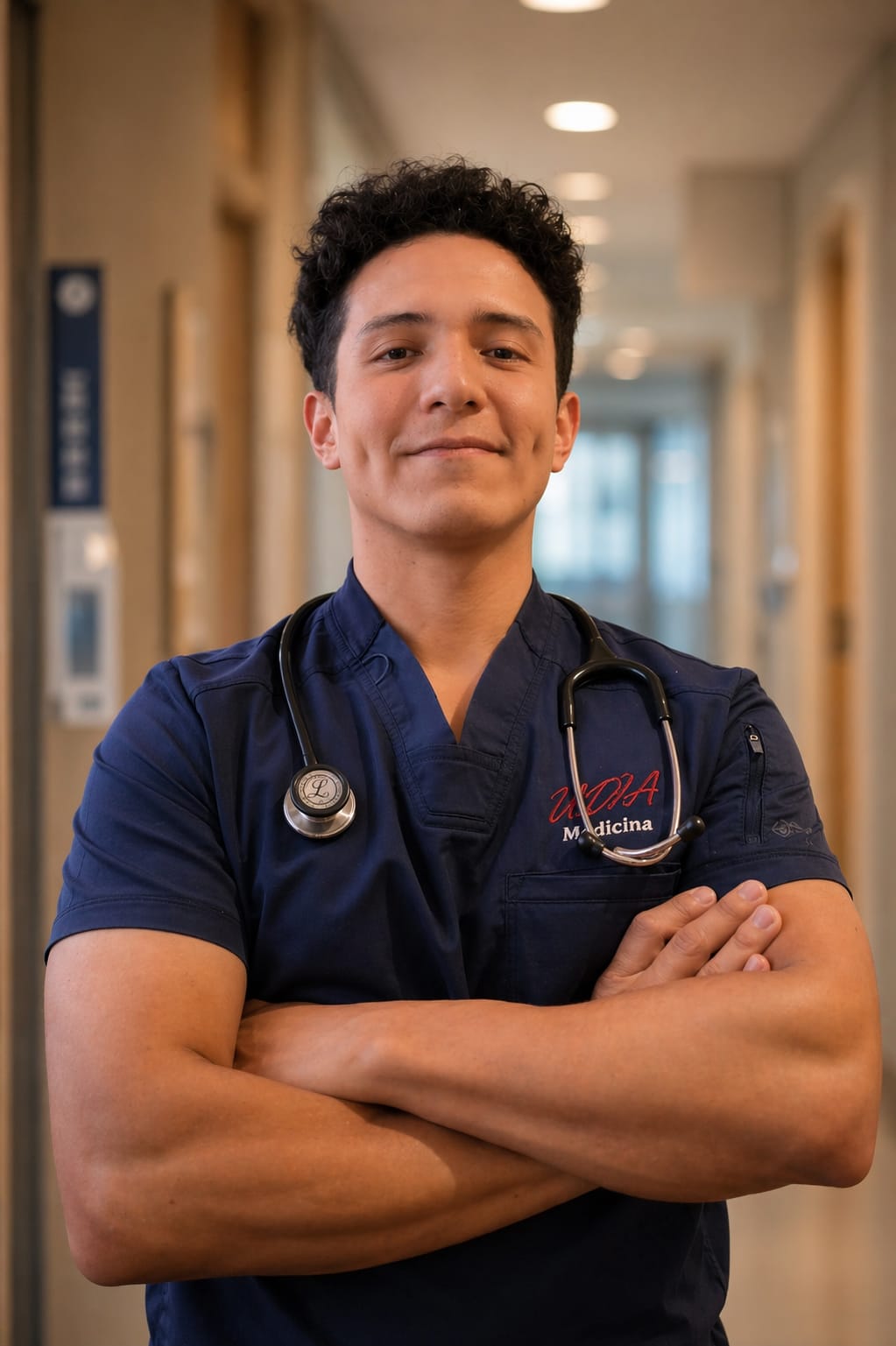 Dr. Cristhofer Andrade con uniforme médico y estetoscopio